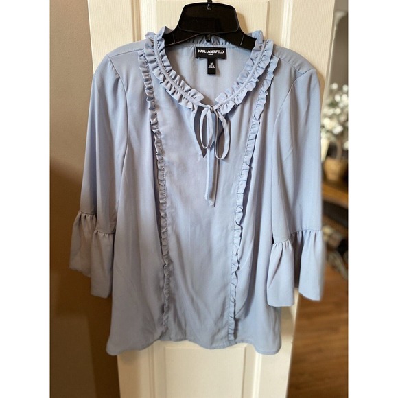 Karl Lagerfeld Top Ruffle Edge Baby Blue Blouse‎ Size Medium - Picture 1 of 4
